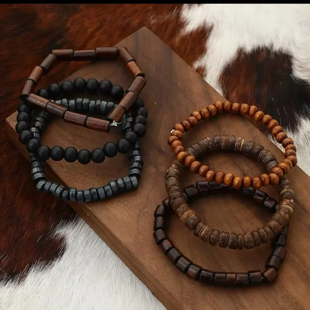3 For $35 Bohemian Natural Wood Stacked Dyed Bead Bracelet Set